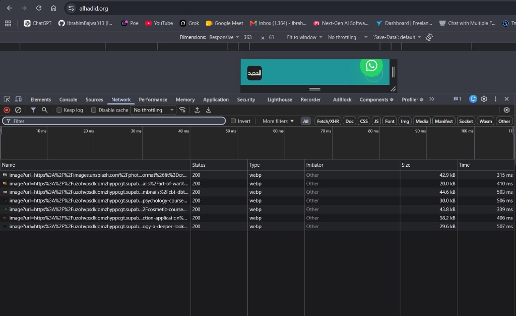 Chrome DevTools network panel showing optimized WebP sizes under 50KB